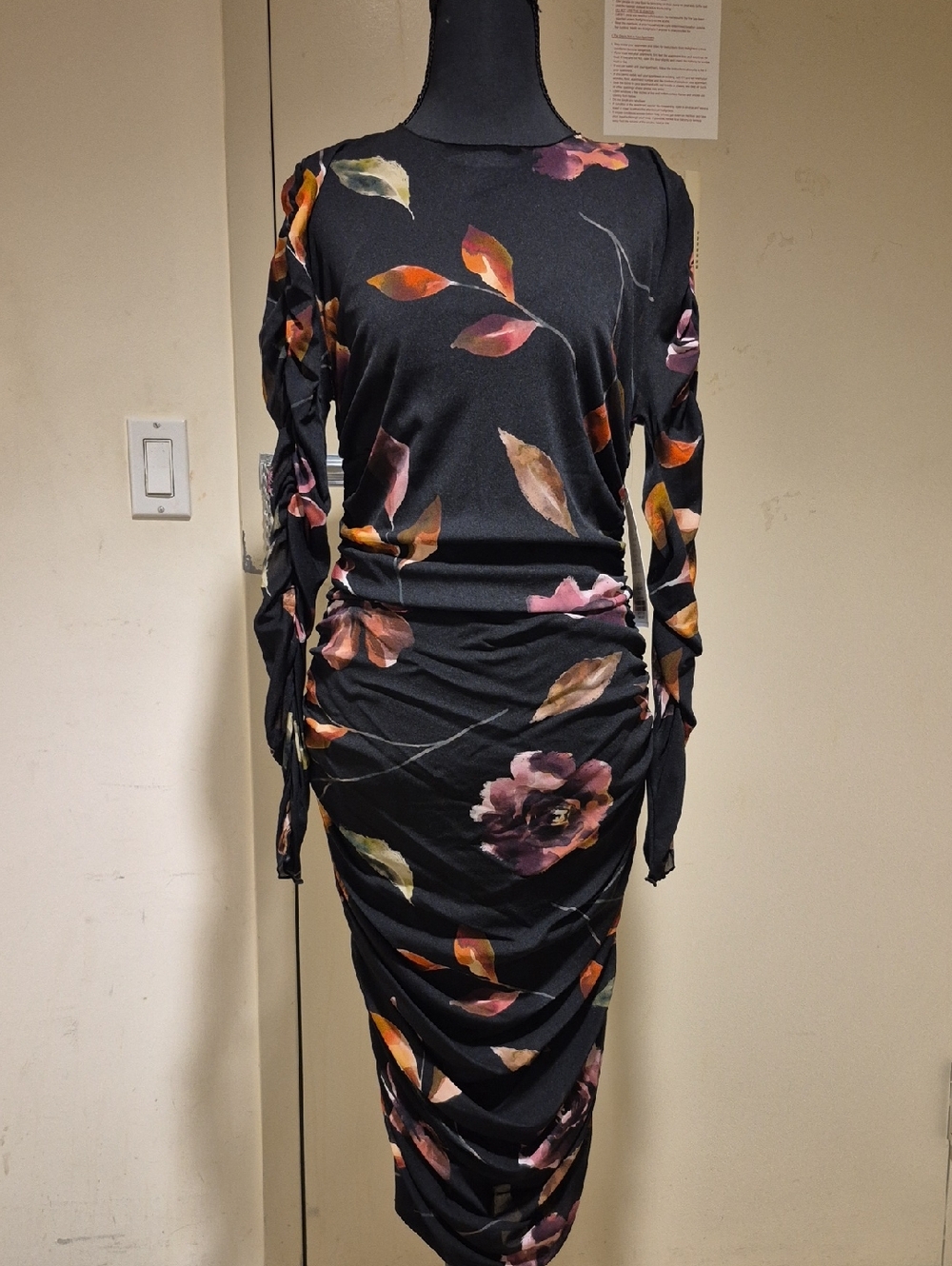Etcetera Black Floral Ruched Long-Sleeve Midi Dress with Autumn Leaves